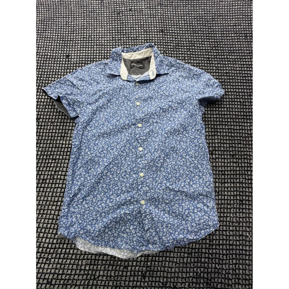 Kenneth Cole Button Down Shirt Mens Small Blue Floral Short Sleeve